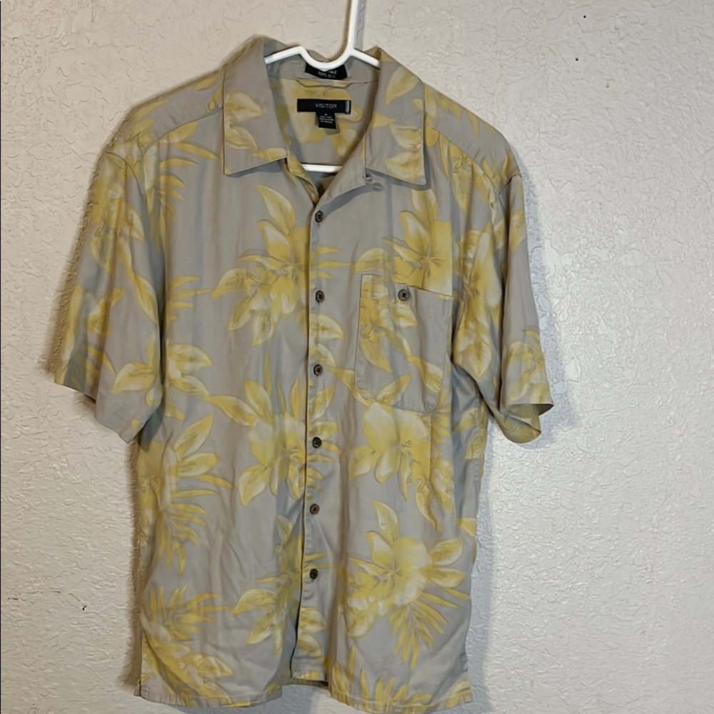 100% Silk Yellow and Gray Casual Button Down Shirt